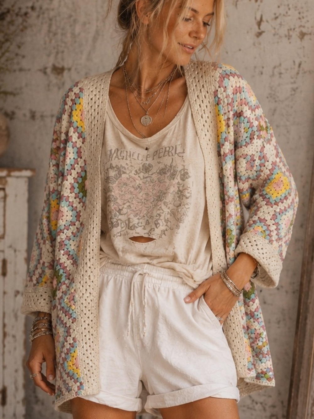 🧶 NWT | Granny Square Crochet Open-Front Cardigan Pastel Cardigan | One Size